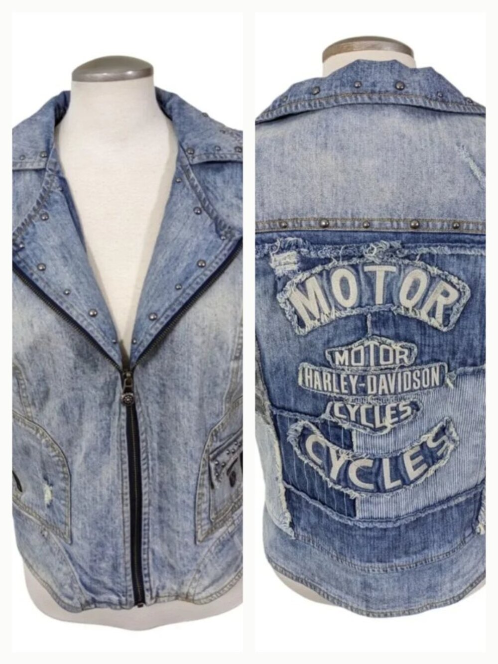 Harley Davidson Womens Denim Vest Embroidered Patchwork Blue Size L Biker